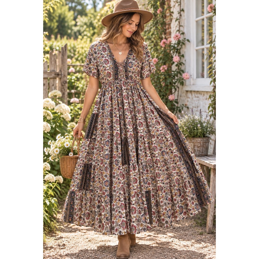 Chaudry Boho Patchwork Floral Tiered Maxi Dress Lace Up Tassel Cottagecore Large